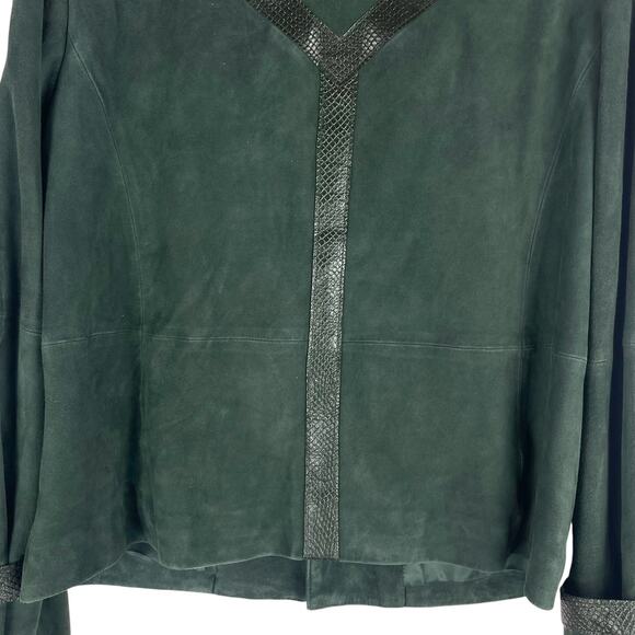 Worth NY Snake Leather Trim Suede Jacket Snap Button Dark Green Size 4 - Picture 10 of 11